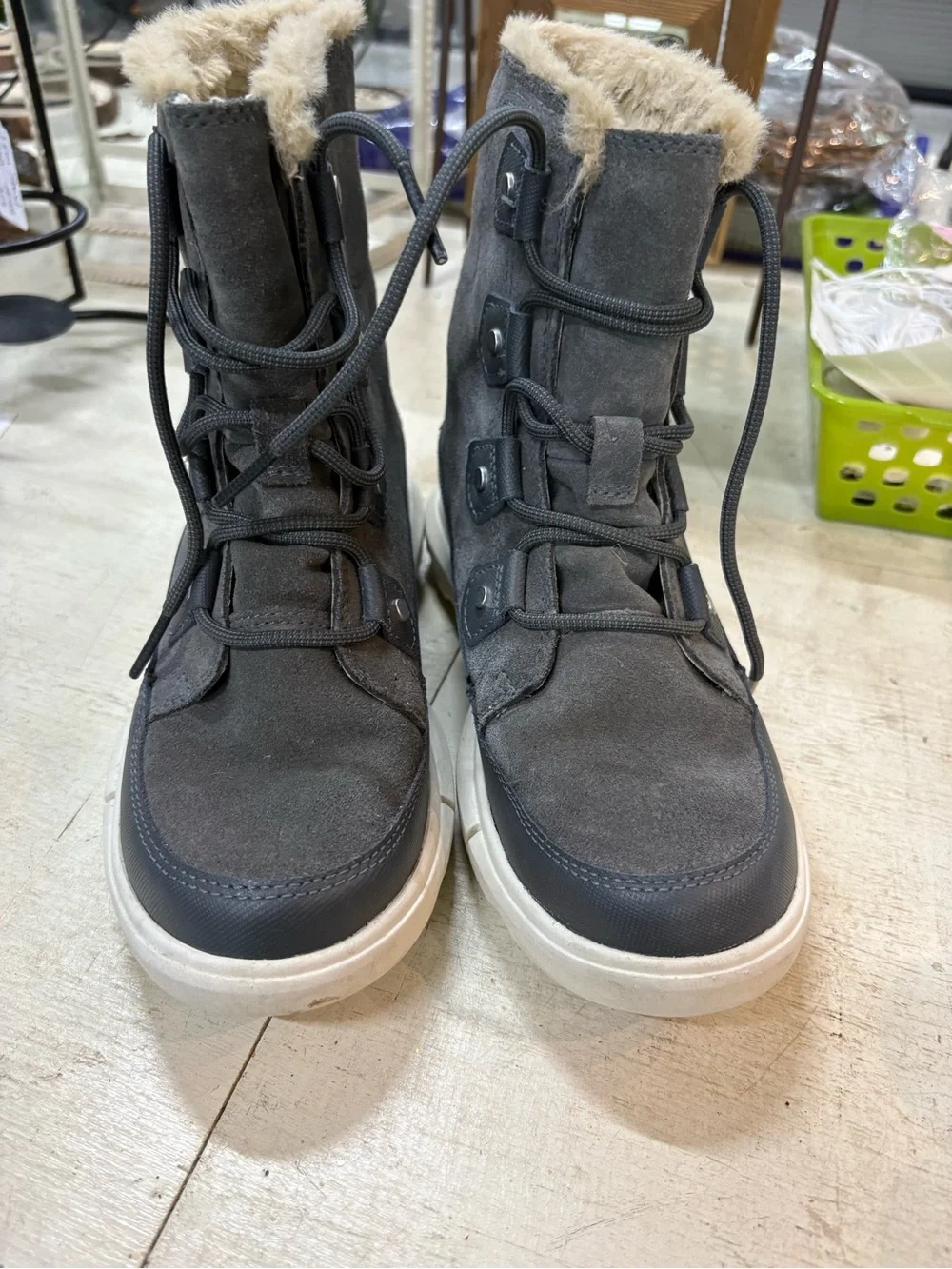SOREL Women’s Gray Faux Fur Lined Lace-Up Winter Boots